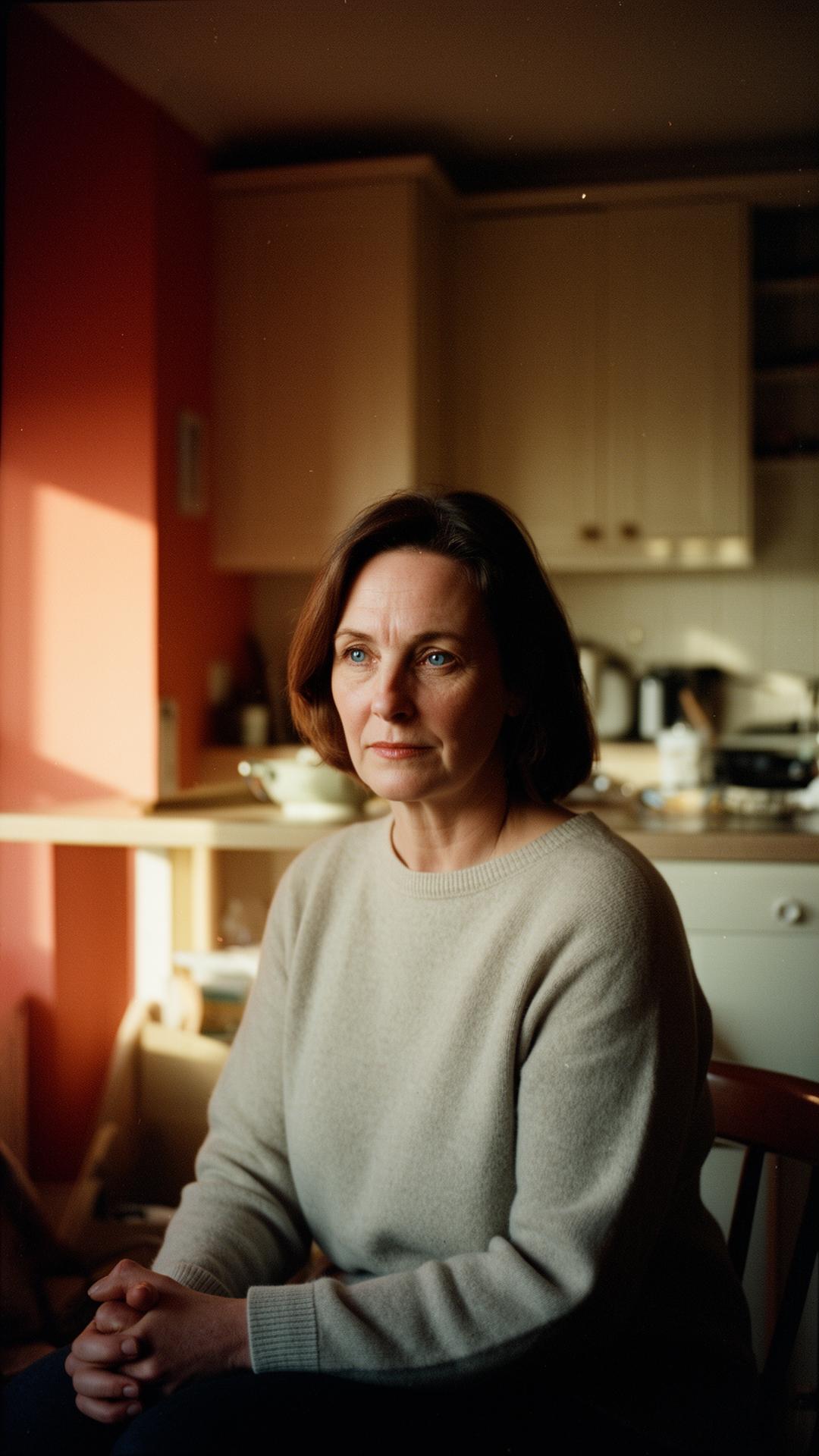 A woman in her early forties sitting quietly indoors in warm low light, unguarded and unposed