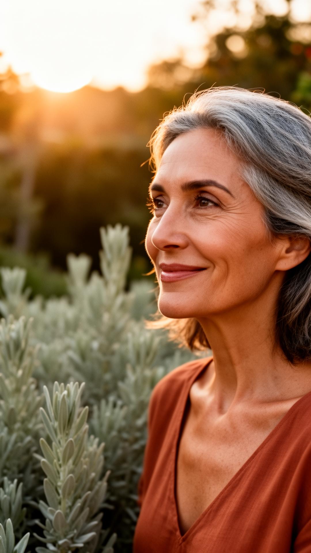 A woman in her late 40s smiling at golden hour in a sage garden